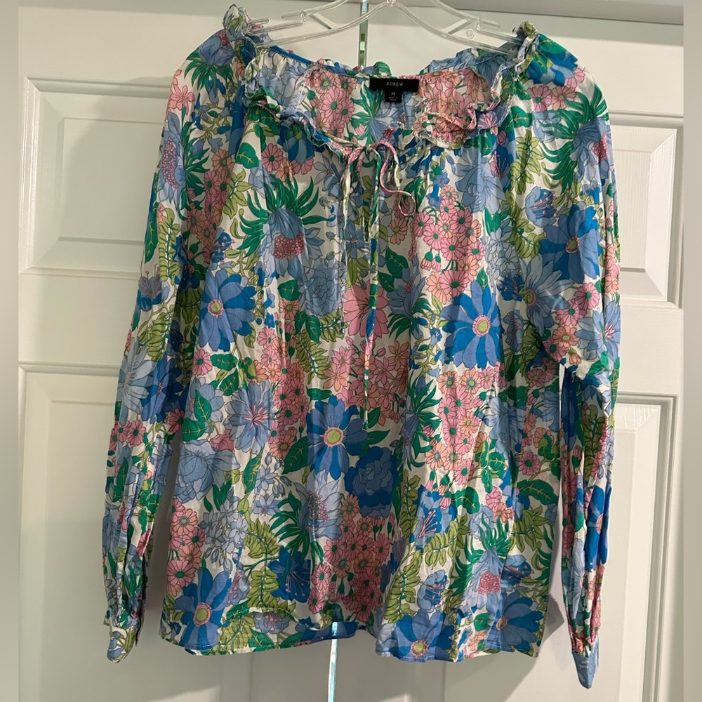 NWT J Crew Blue Fairy Floral Tie Front Ruffle Top Blouse Size M